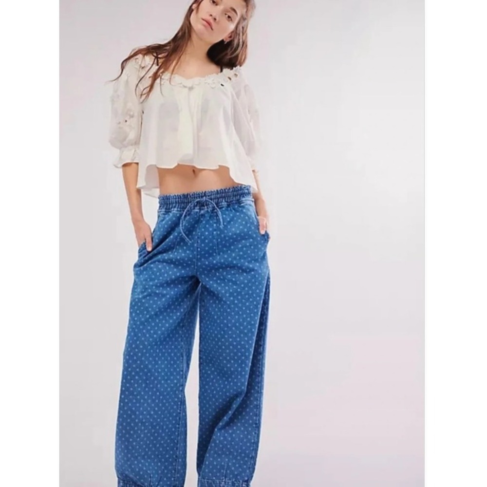 Damson Madder Denim Pants Women's M Blue Polka Dot Wide Leg Elastic